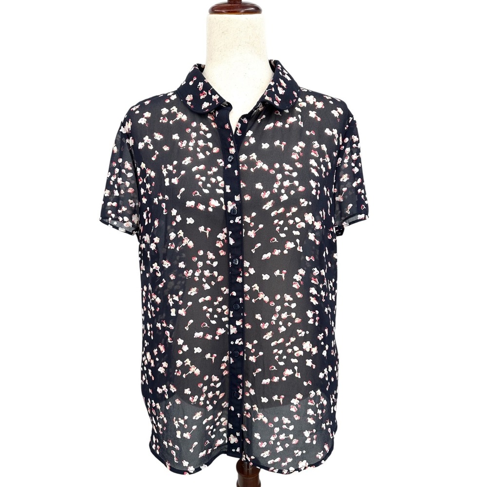 Ann Taylor LOFT Chiffon Blouse Short Sleeve Floral Navy Button-up Women's Large